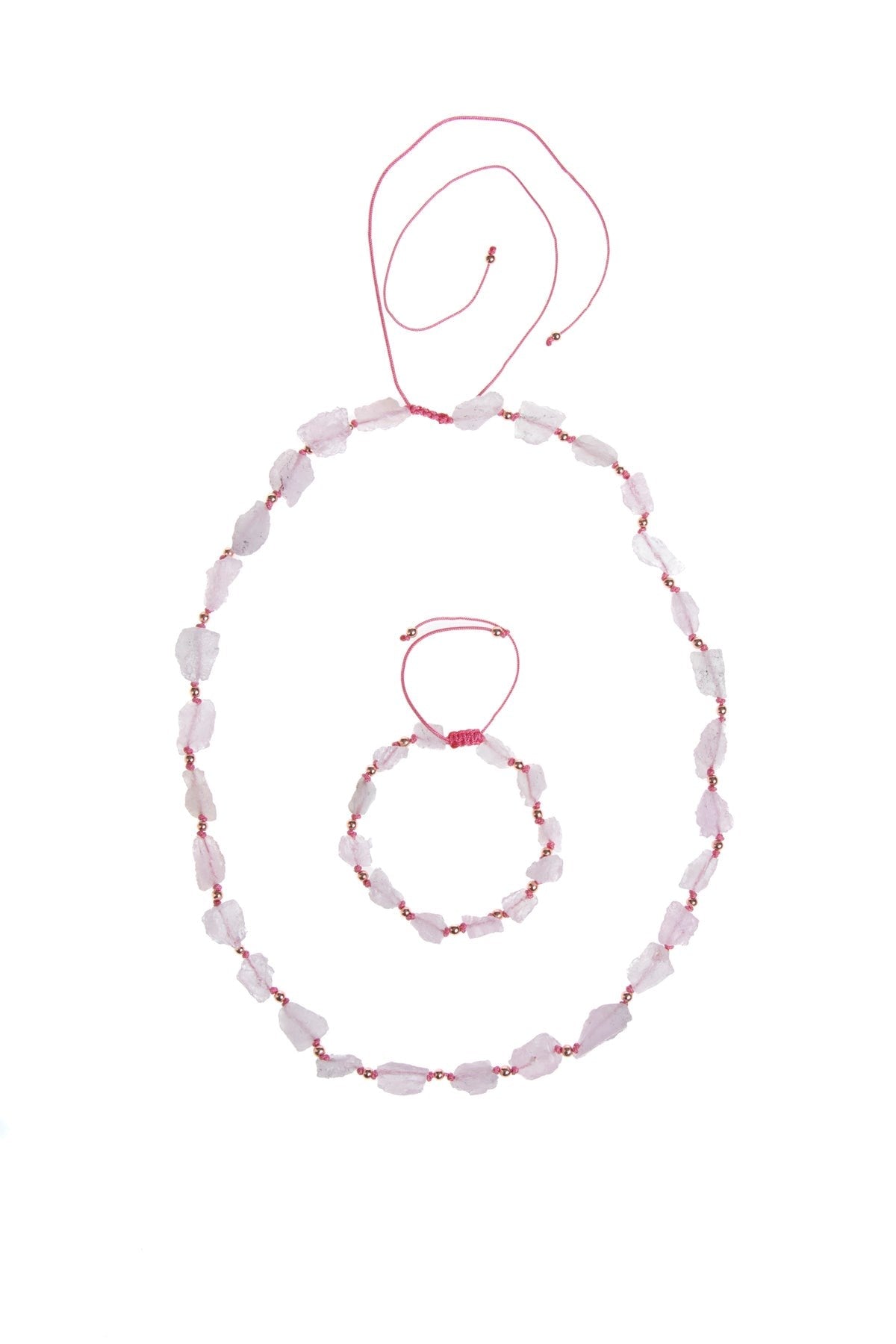 Ham Pembe Kuvars Doğal Taş Takım – Kolye & Bileklik Set, Unisex Şık Tasarım