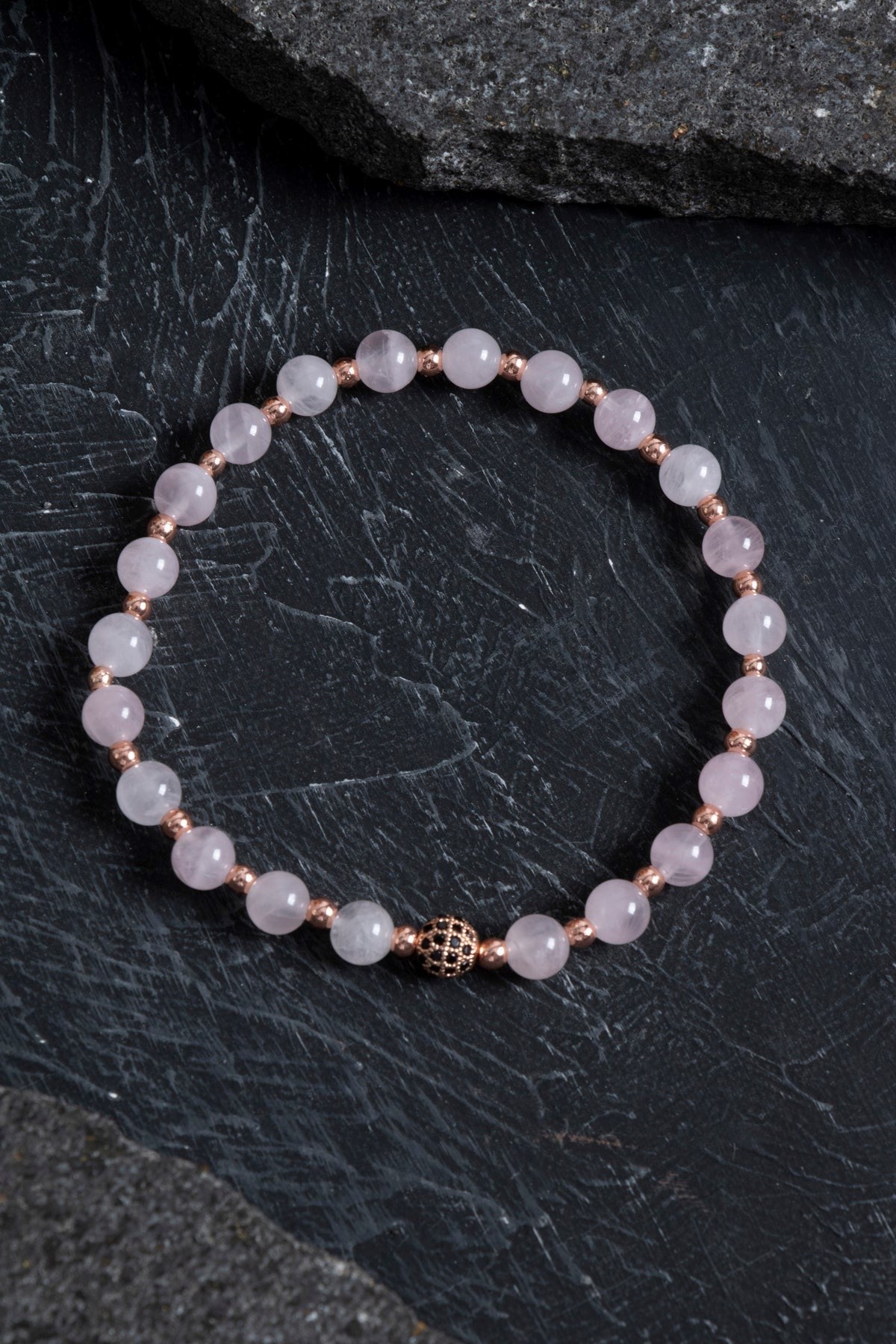 Pembe Kuvars ve Hematit Doğal Taş Bileklik – Unisex Şık Tasarım