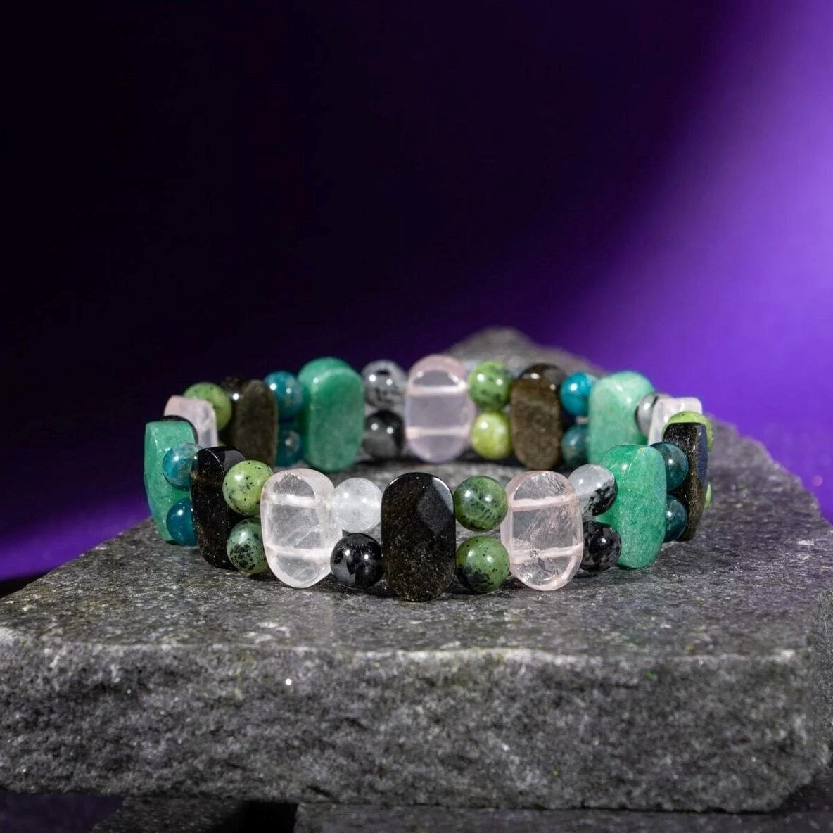 Boğa Burcu Bileklik Golden Obsidyen, Mavi Apatit, Pembe Kuvars, Rutilli Kuvars, Siyah Turmalin, Yeşil Aventurin, Yeşim