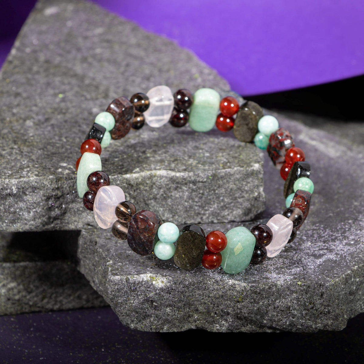 Başak Burcu Doğal Taş Bileklik – Amazonit, Granat Lal, Dumanlı Kuvars, Obsidyen, Jasper, Akik, Pembe Kuvars & Aventurin