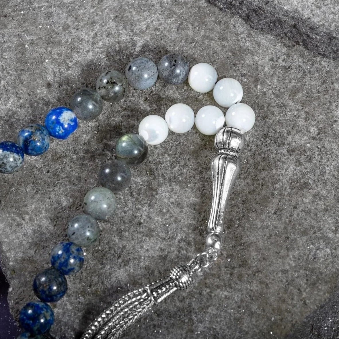 Yay Burcu Tesbih Ametist, Kalsit, Labradorit, Lapis Lazuli, Sedef