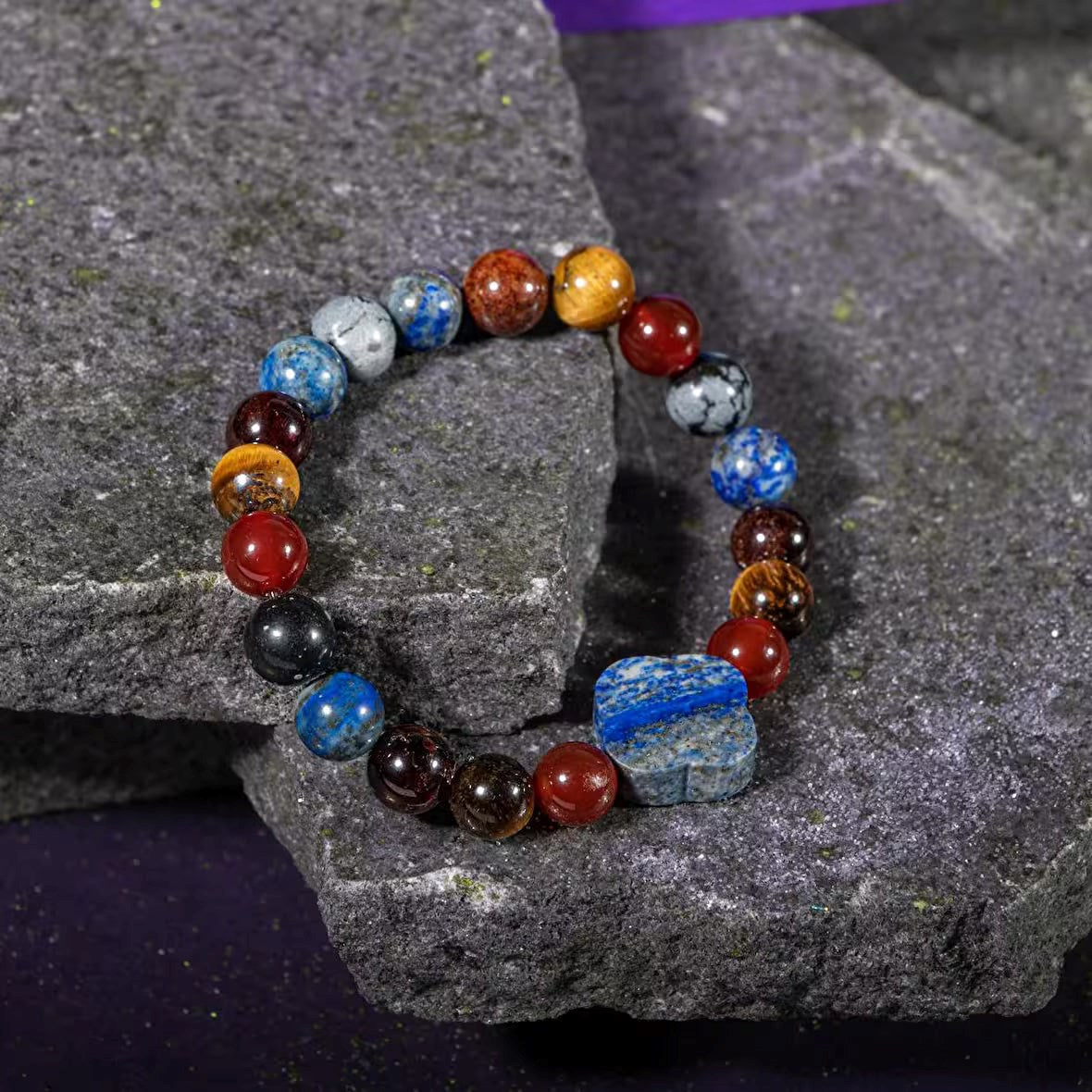 Oğlak Burcu Bileklik Bordo Granat Lal, Kaplan Gözü, Karlı Obsidyen, Kırmızı Akik, Lapis Lazuli