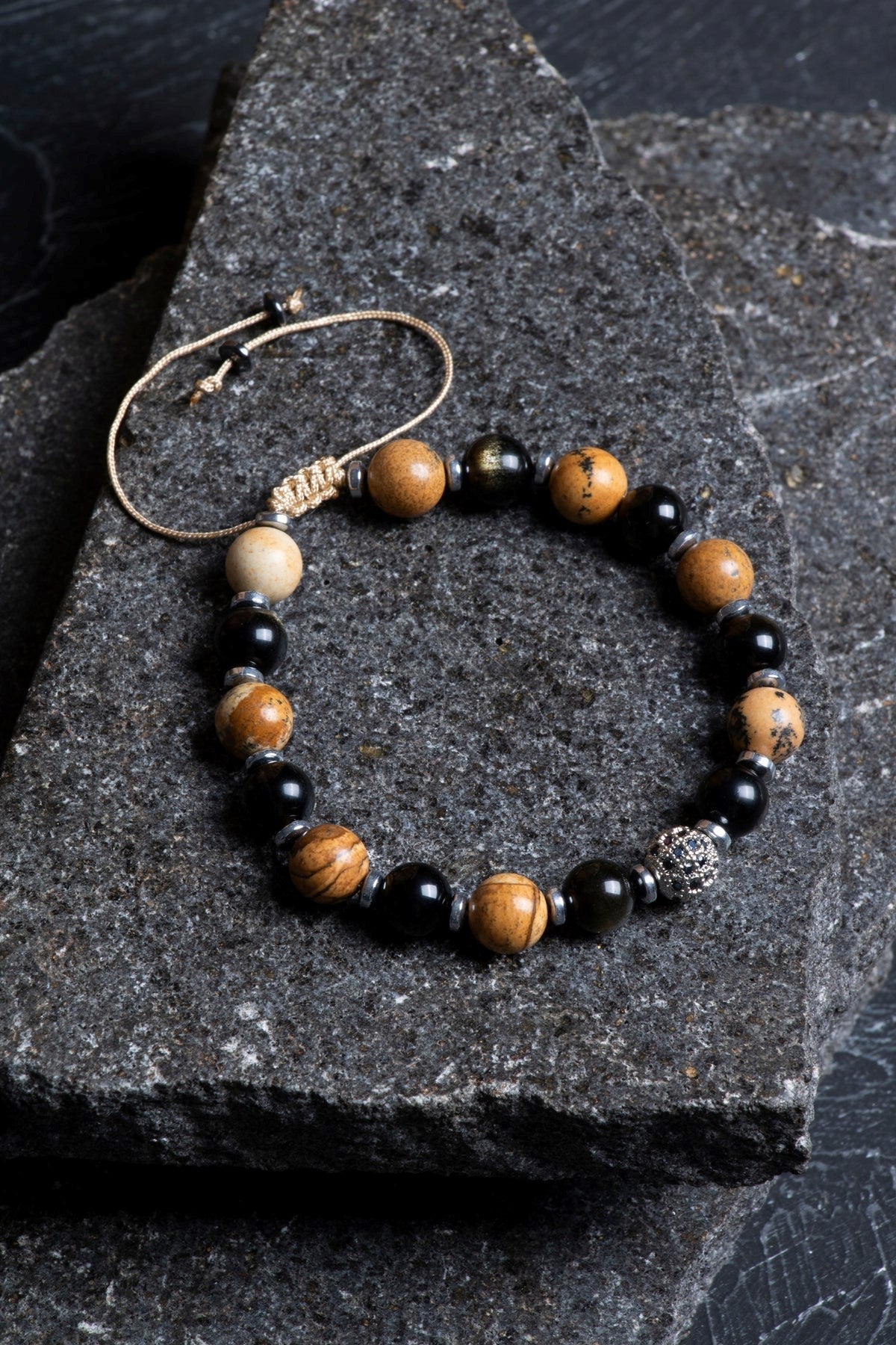Jasper, Obsidyen, Hematit Doğal Taş Makrome Bileklik