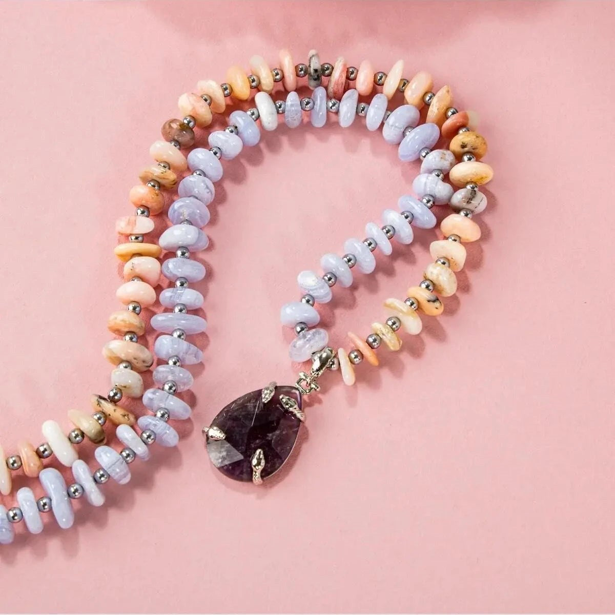 Pembe Opal-Mavi Akik-Hematit-Ametist Doğal Taş Kolye
