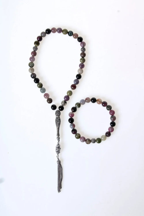 Sertifikalı Turmalin 925 Ayar Gümüş 8 mm İmameli Tesbih & Bileklik Seti