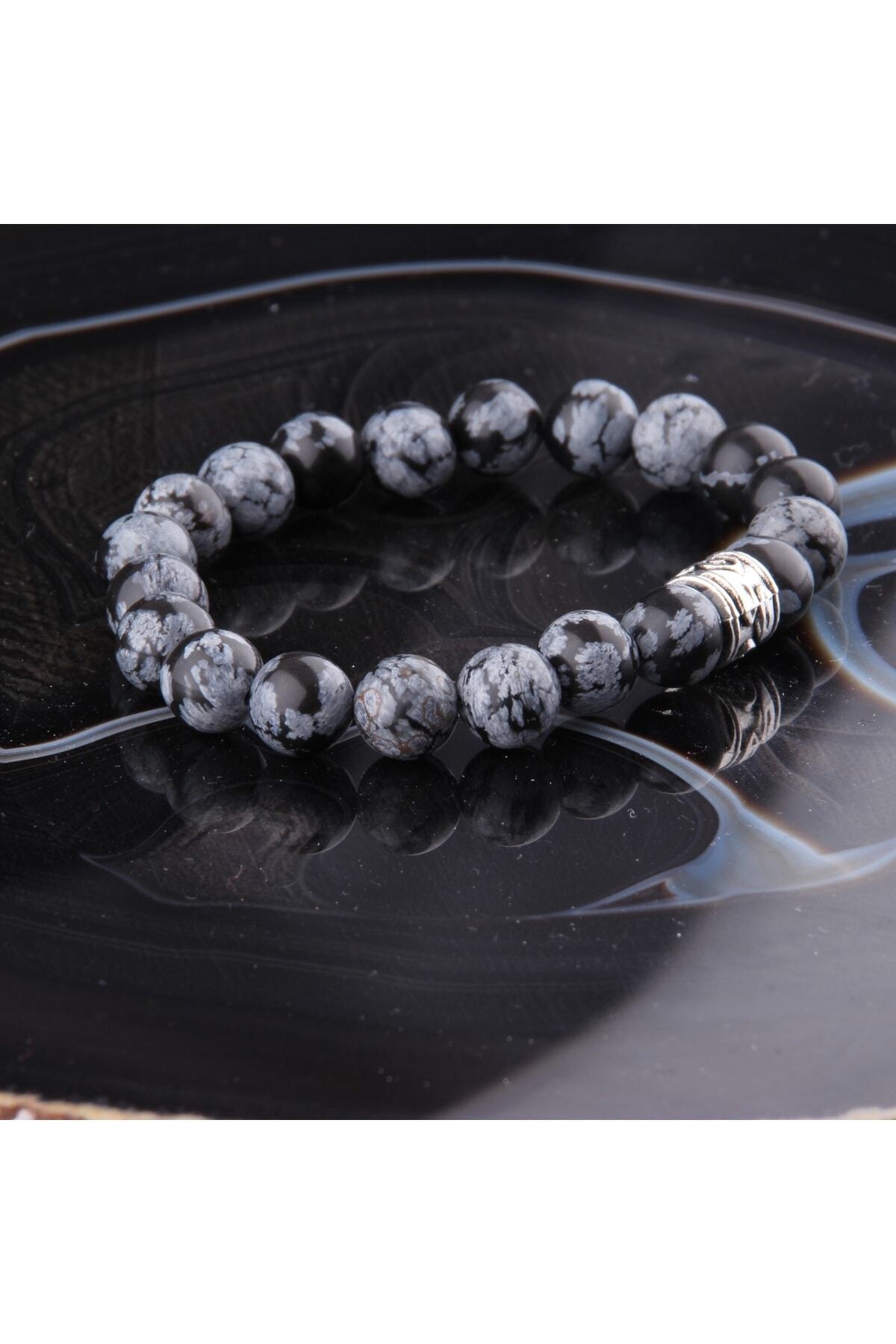 Orijinal & Sertifikalı Unisex Denge Huzur Pozitif Enerji Karlı Obsidyen Doğal Taş Bileklik 8 mm