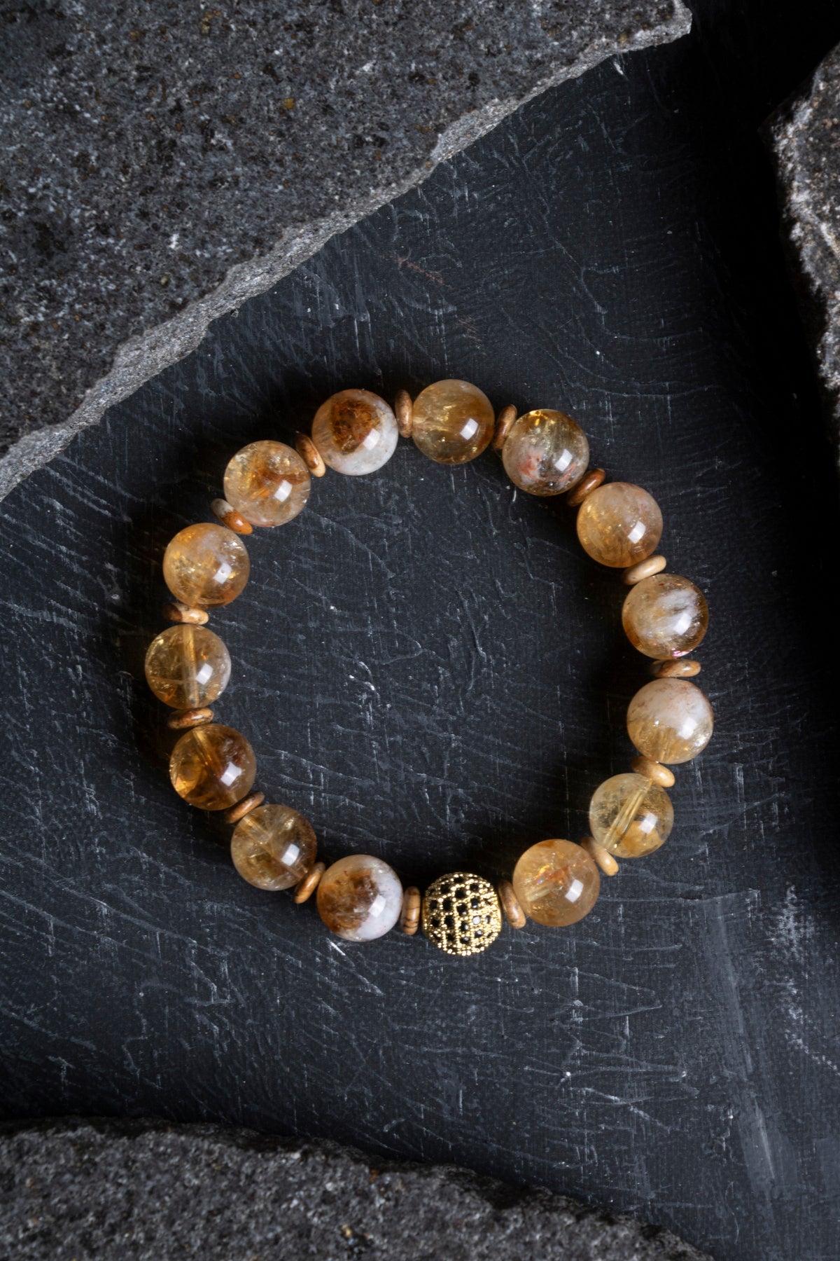 Sertifikalı Odun Jasper, Sitrin Zirkon Aparatlı Doğal Taş Bileklik-10 mm (SK:175)