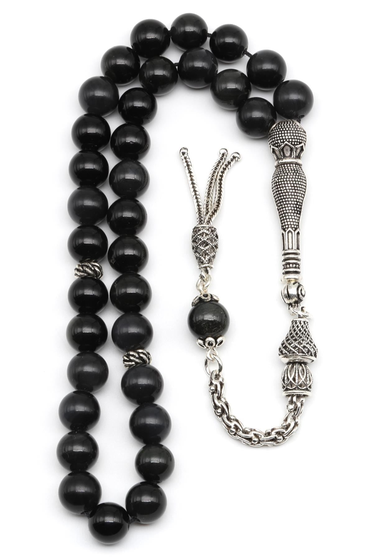 Obsidyen Doğal Taş Tesbih 925 Ayar Gümüş – 8 mm Küre Kesim | 33’lü