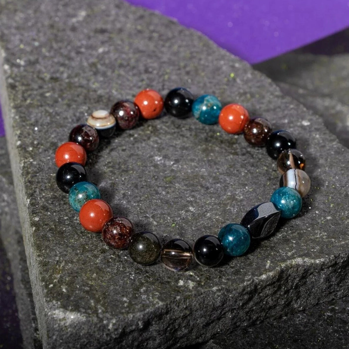 Başak Burcu Bileklik Bordo Granat Lal, Dumanlı Kuvars, Golden Obsidyen, Jasper, Mavi Apatit, Siyah Göz Akik