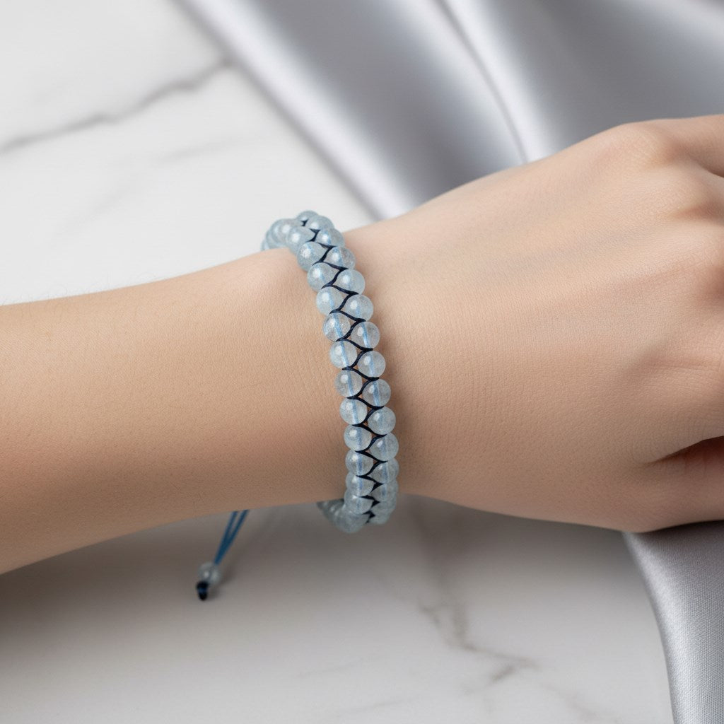 Akuamarin 4 mm Çift Sıra Doğal Taş Bileklik – Unisex El İşçiliği