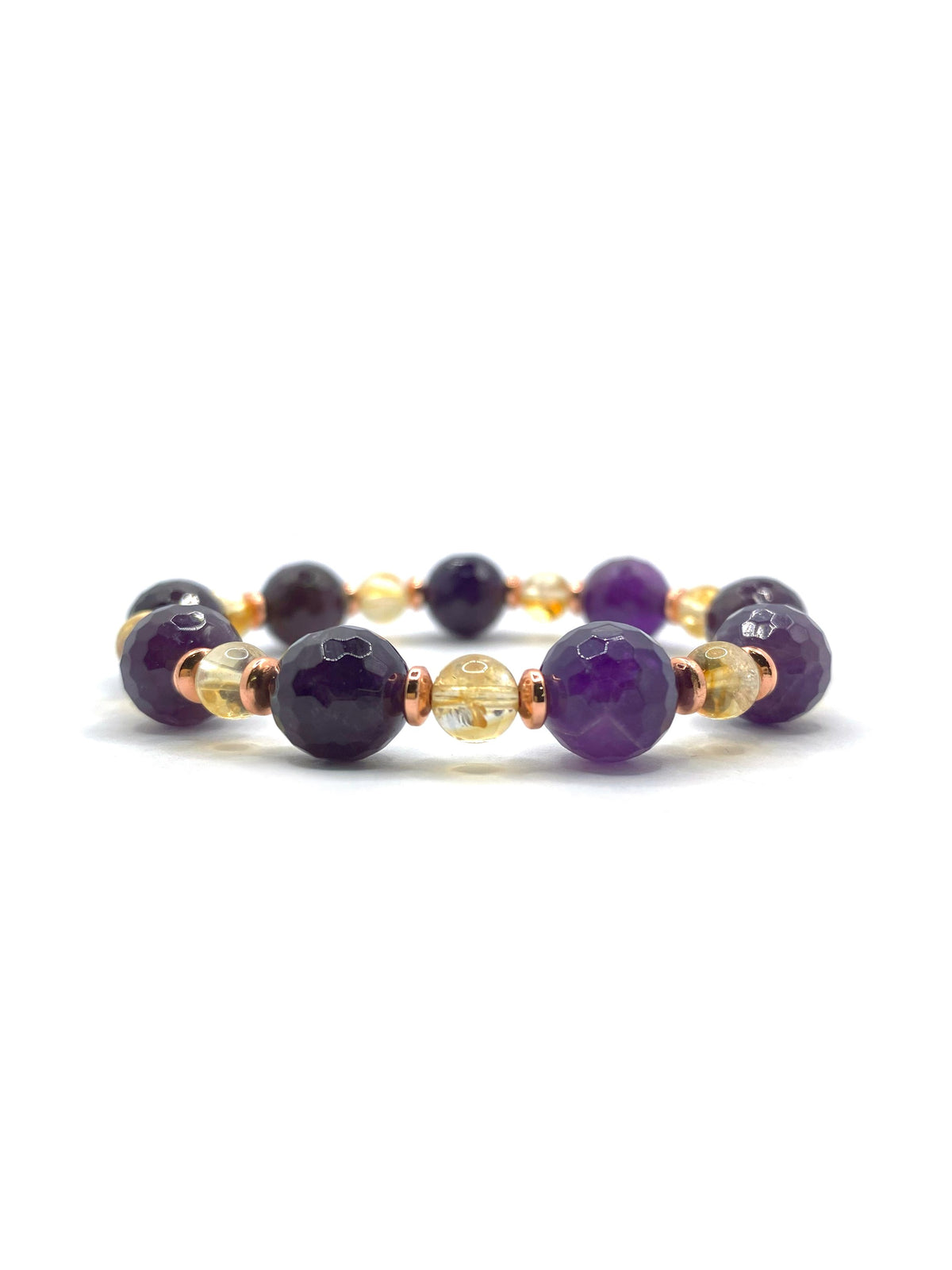 Ametist (10 mm Fasetli), Sitrin (6 mm) ve Hematit Doğal Taş Bileklik – Misinalı, Unisex Tasarım