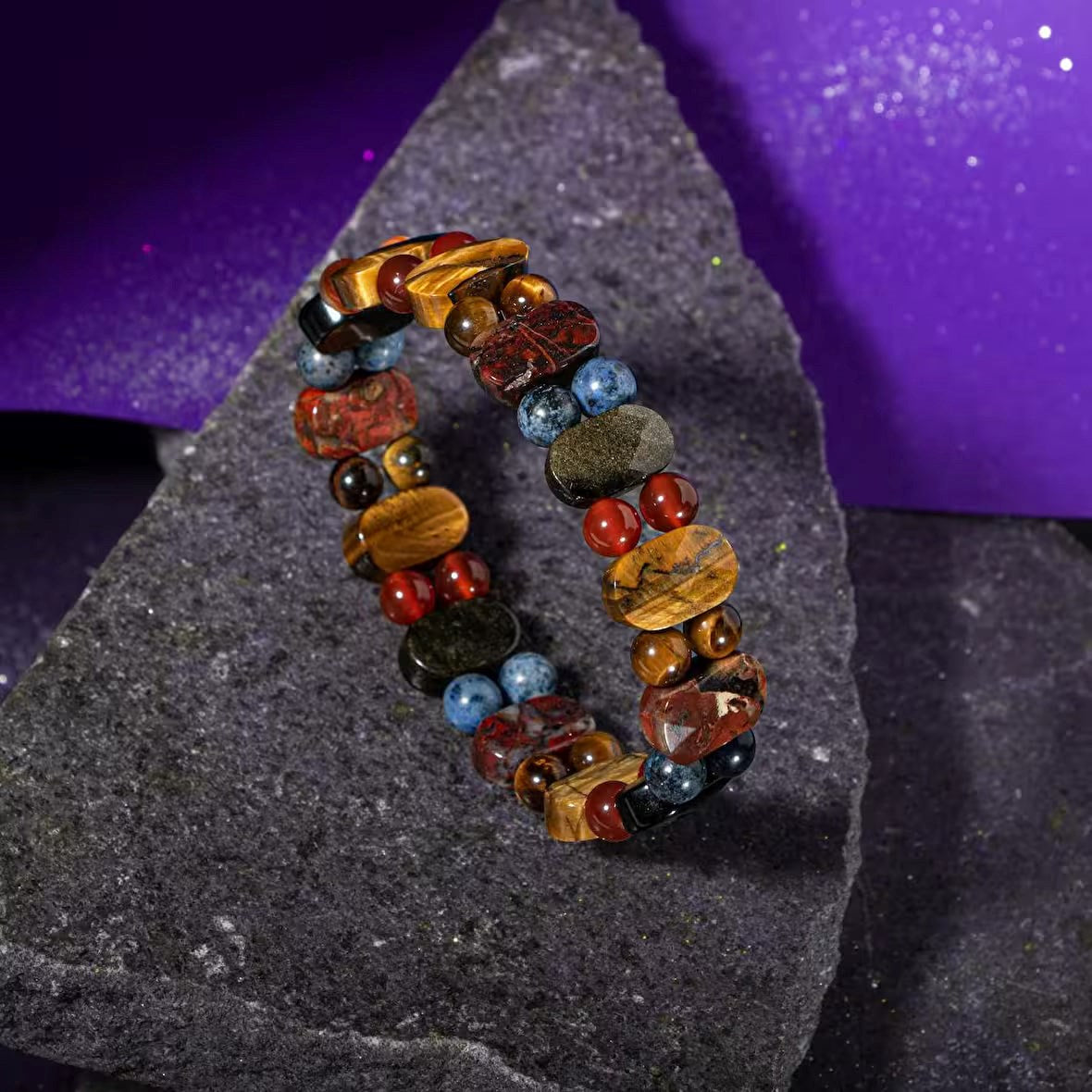 Oğlak Burcu Bileklik Dumanlı Kuvars, Dumortierit, Golden Obsidyen, Jasper, Kaplan Gözü, Kırmızı Akik