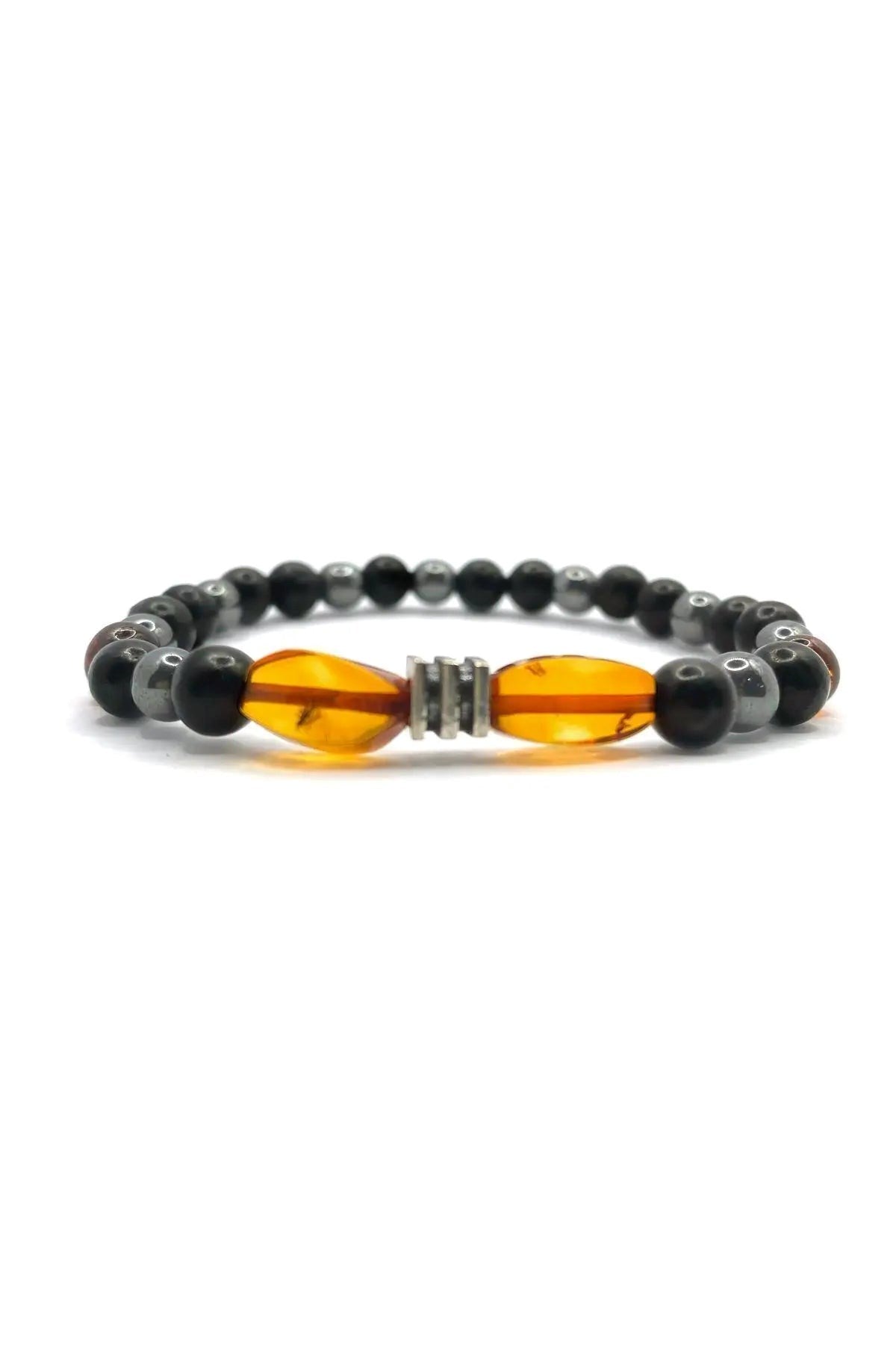 Orijinal Hakiki Kehribar - Shungite (Şungit) - Hematit Doğal Taş Misinalı Bileklik 6mm