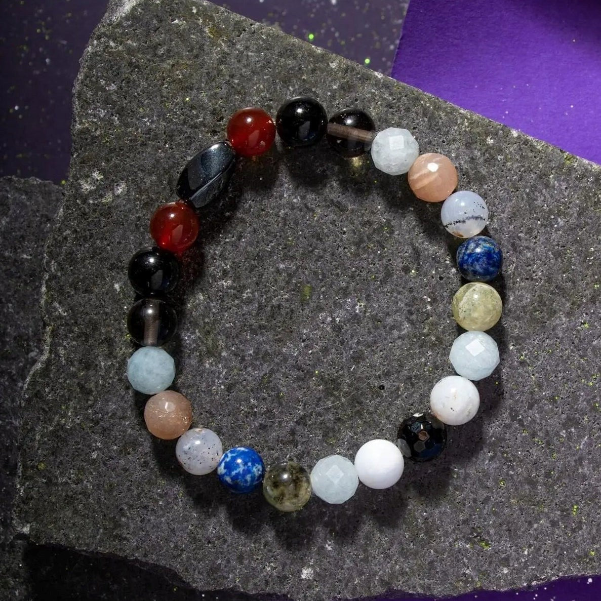 Terazi Burcu Bileklik Akuamarin, Ay Taşı, Dumanlı Kuvars, Golden Obsidyen, Güneş Taşı, Kırmızı Akik, Labradorit, Lapis Lazuli