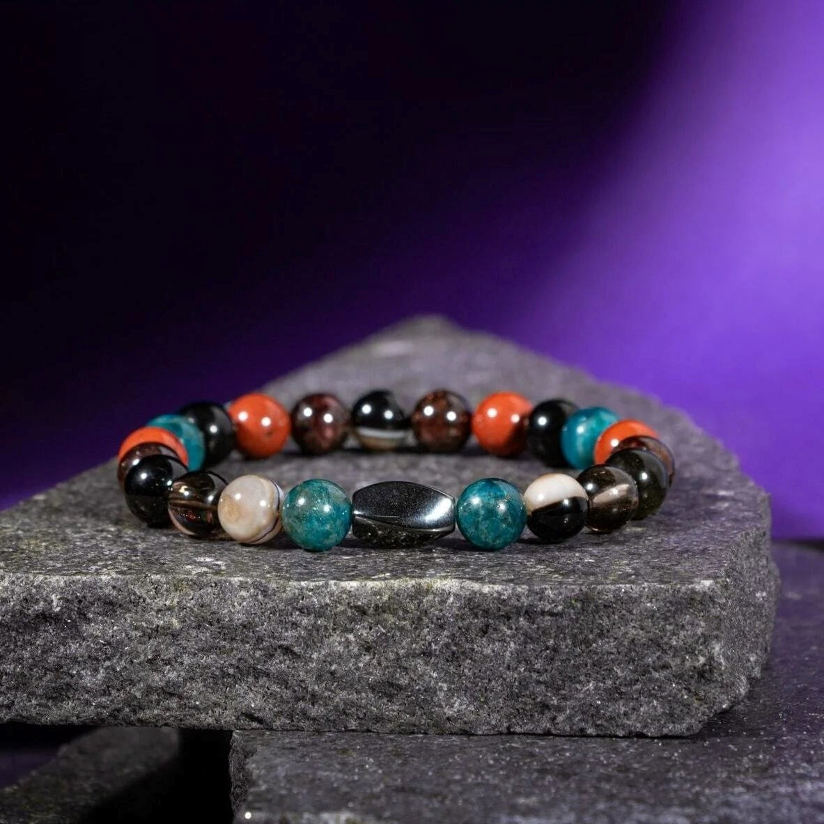 Başak Burcu Bileklik Bordo Granat Lal, Dumanlı Kuvars, Golden Obsidyen, Jasper, Mavi Apatit, Siyah Göz Akik