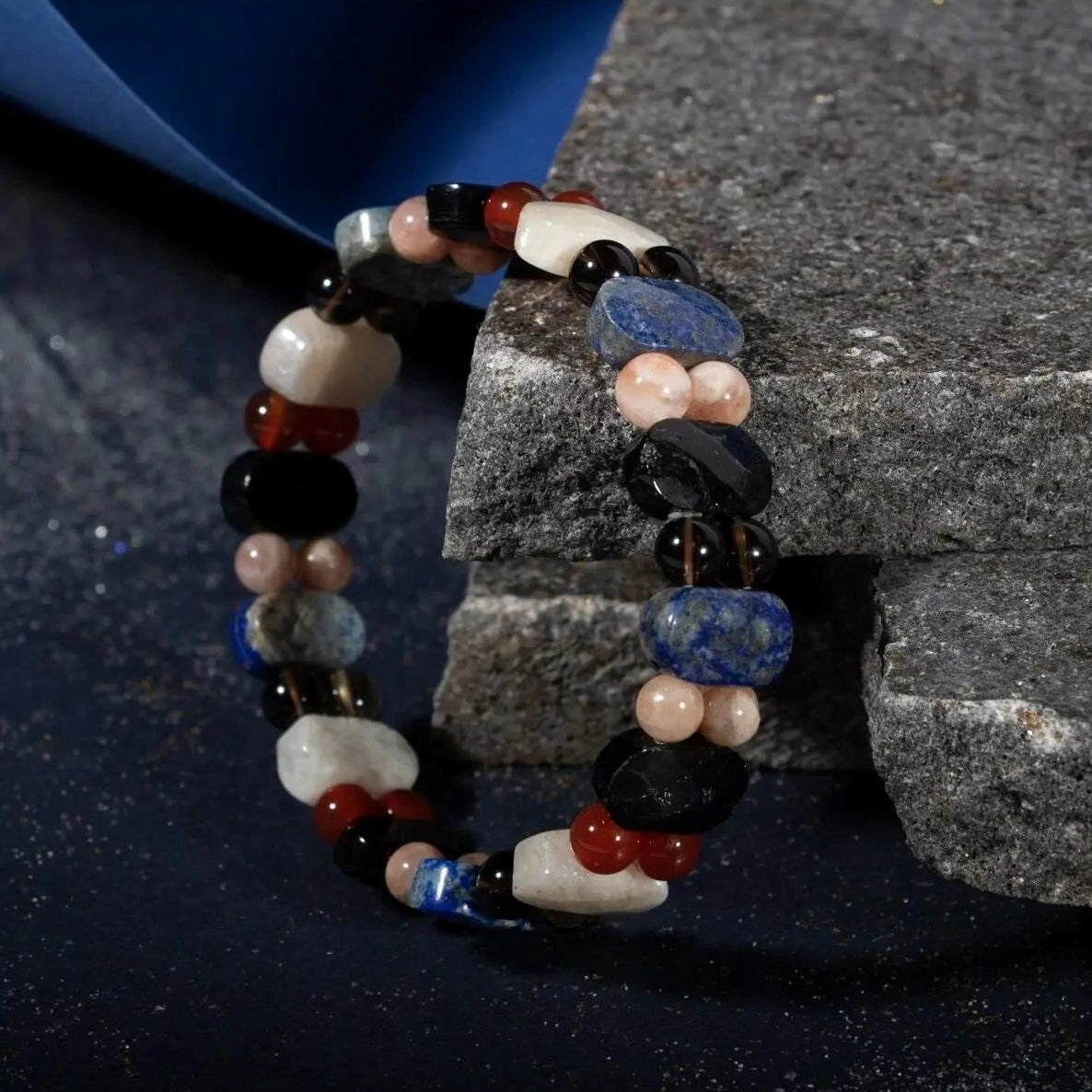 Terazi Burcu Bileklik Ay Taşı, Dumanlı Kuvars, Güneş Taşı, Kırmızı Akik, Lapis Lazuli, Siyah Turmalin