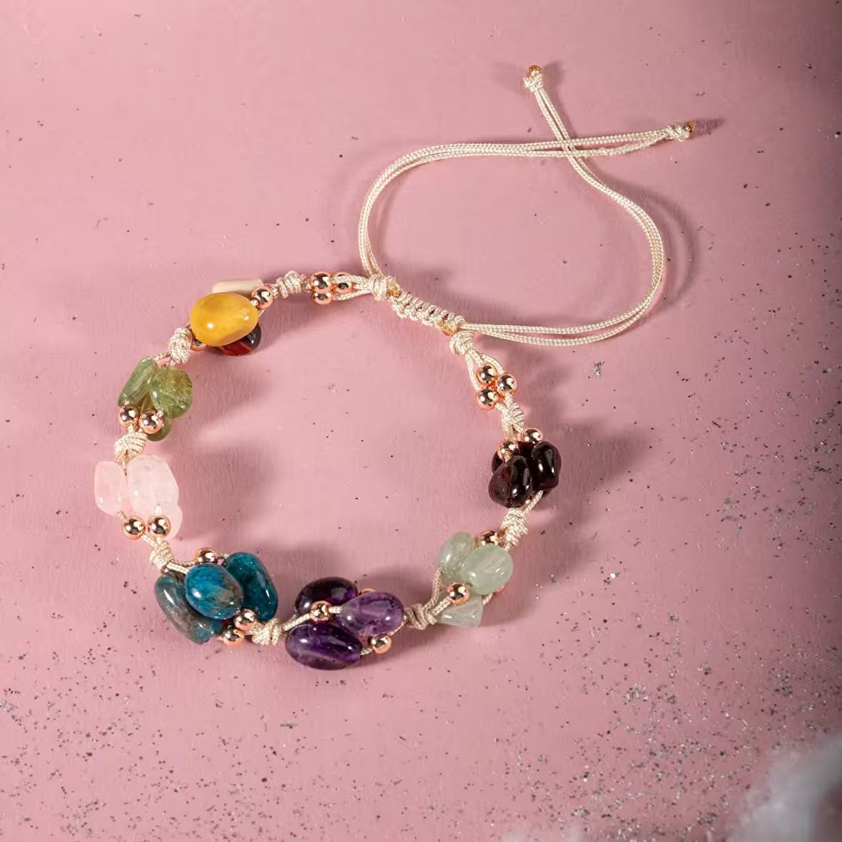 Başak Burcu Bileklik Ametist, Bordo Granat Lal, Jasper, Mavi Apatit, Pembe Kuvars, Yeşil Aventurin, Zebercet (Peridot)