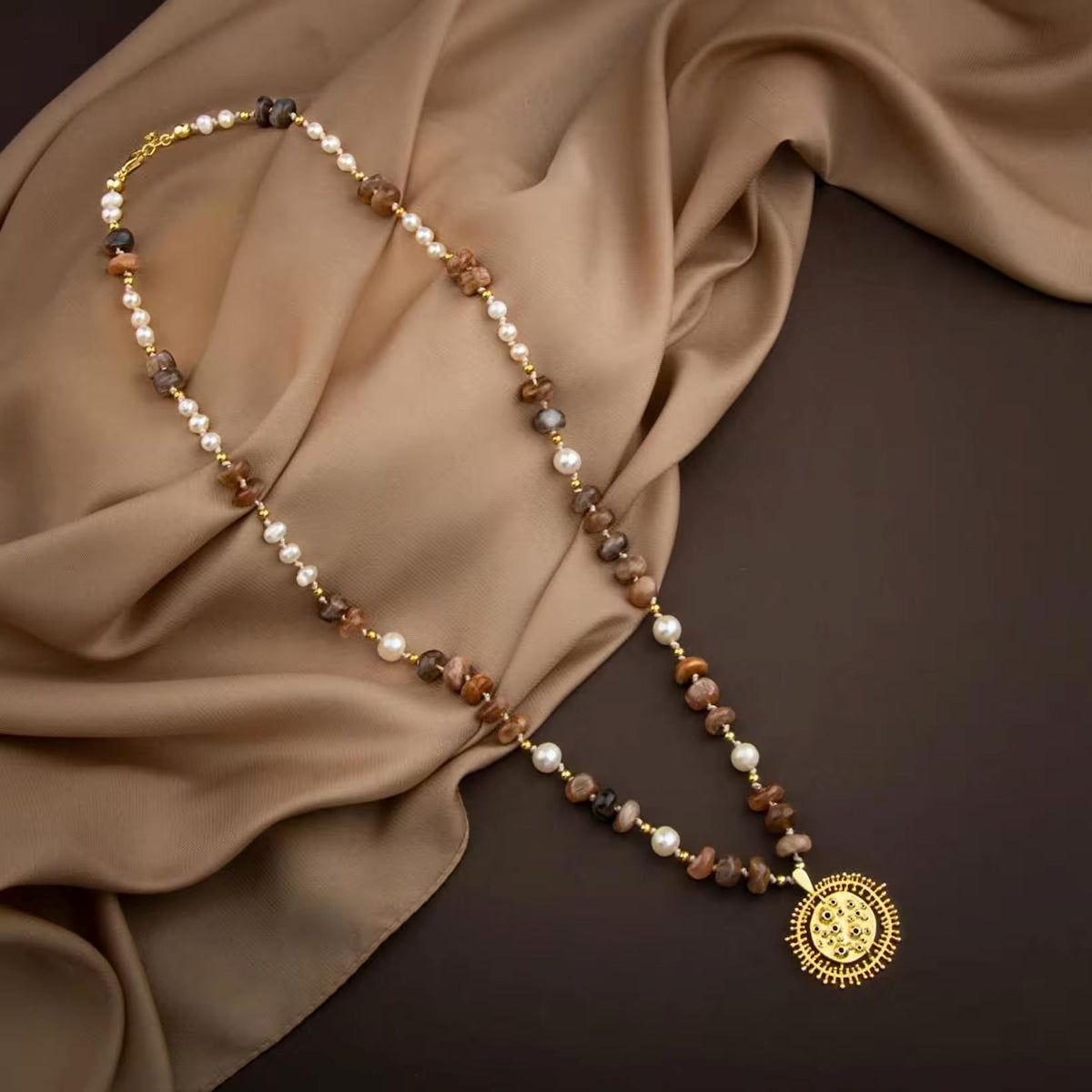 Güneş Taşı-İnci Doğal Taş Gümüş Tasarım Kolye - 60cm
