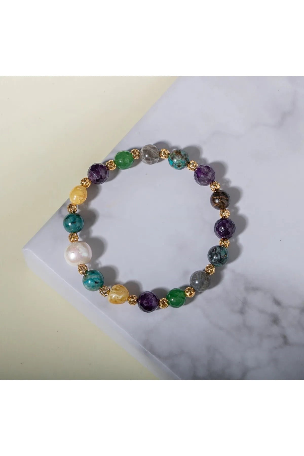 Ametist, Bronzit, İnci, Kehribar, Krizokol, Aventurin ve Labradorit Doğal Taş Bileklik – Unisex Şık Tasarım