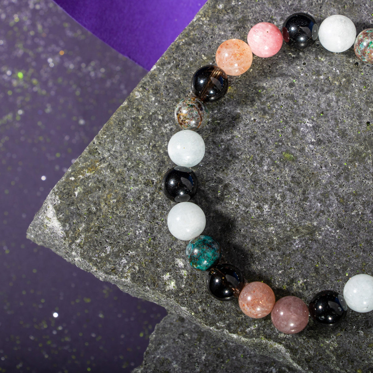 Terazi Burcu Doğal Taş Bileklik – Akuamarin, Dumanlı Kuvars, Güneş Taşı, Krizokol, Obsidyen ve Siyah Turmalin