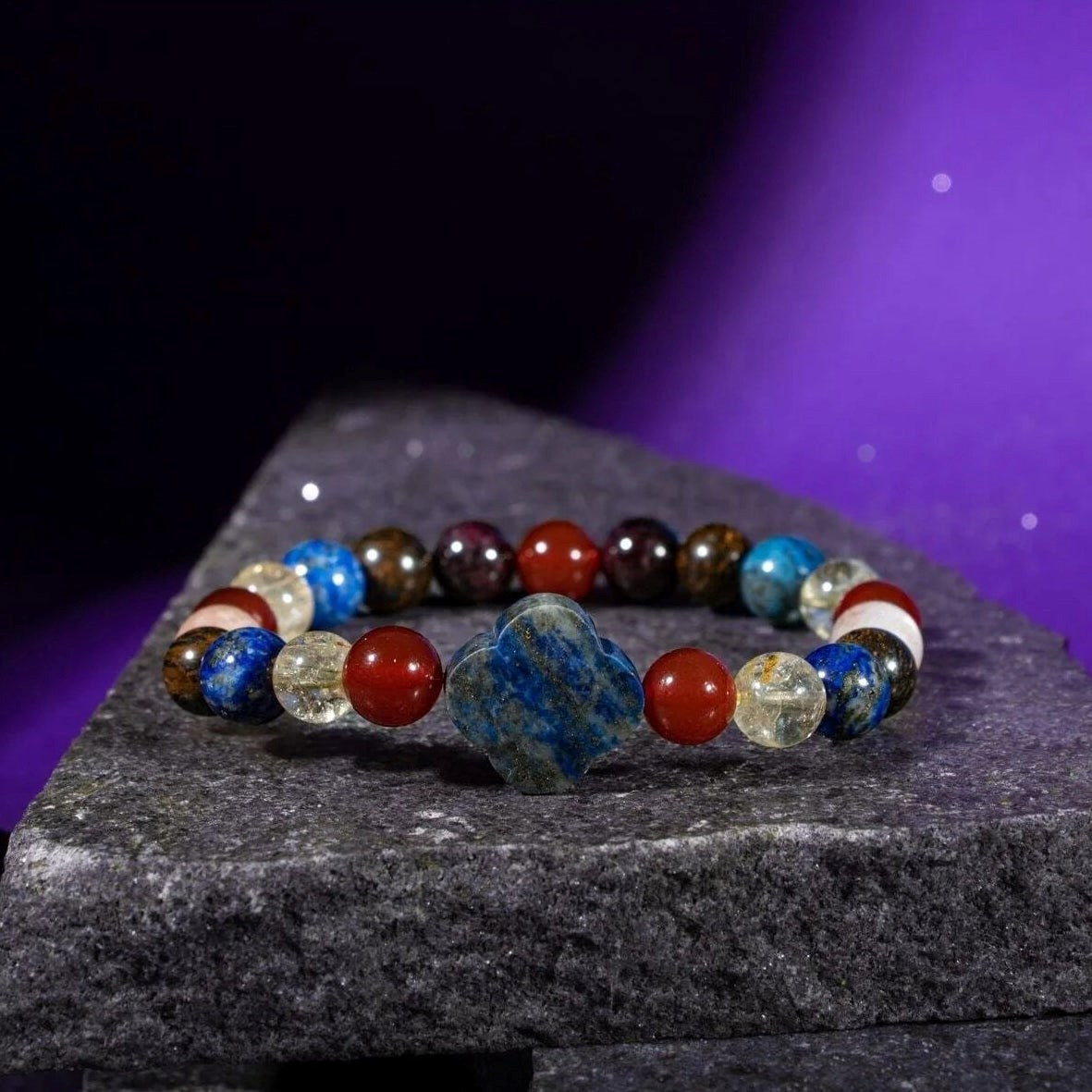 Aslan Burcu Bileklik Bordo Granat Lal, Bronzit, Güneş Taşı, Kırmızı Akik, Lapis Lazuli, Sitrin