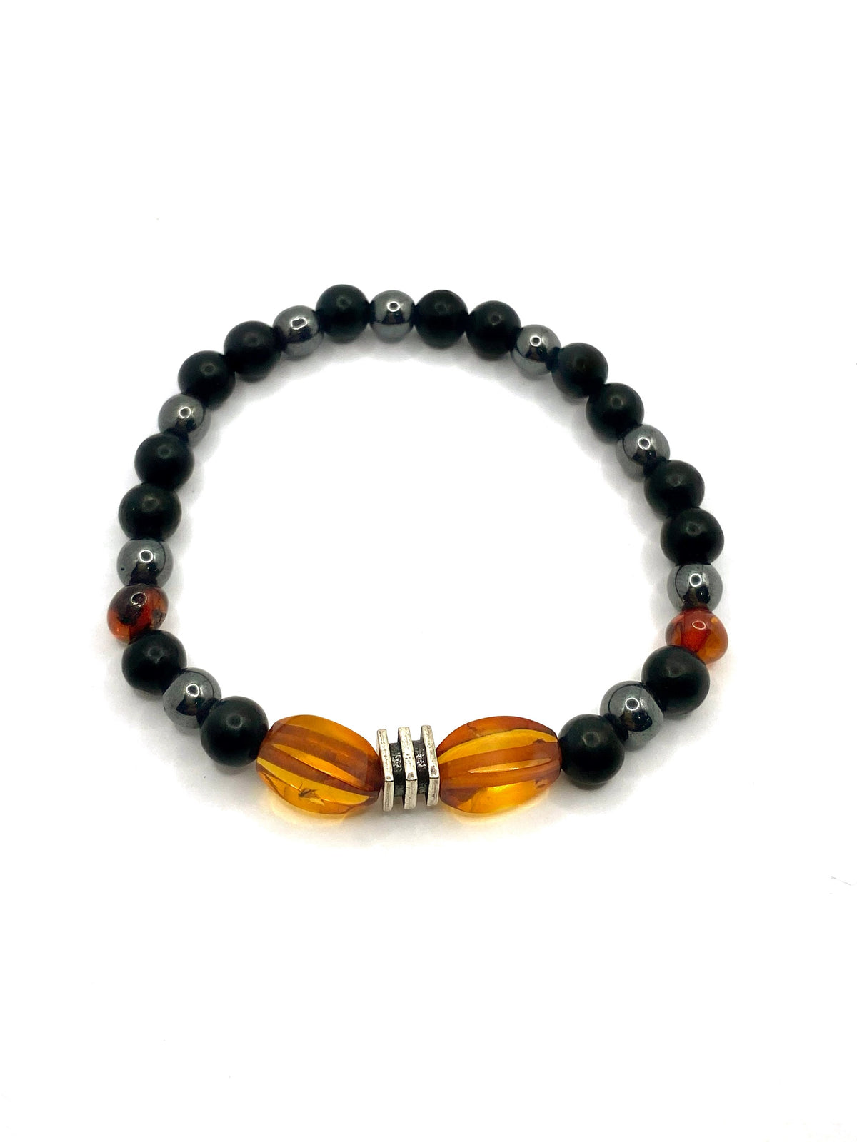 Kehribar, Şungit (Shungite) ve Hematit Doğal Taş Bileklik – 6 mm Misinalı, Unisex Tasarım