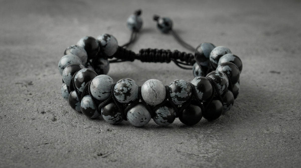 Karlı Obsidyen 8mm Çift Sıra Makrome Doğal Taş Bileklik