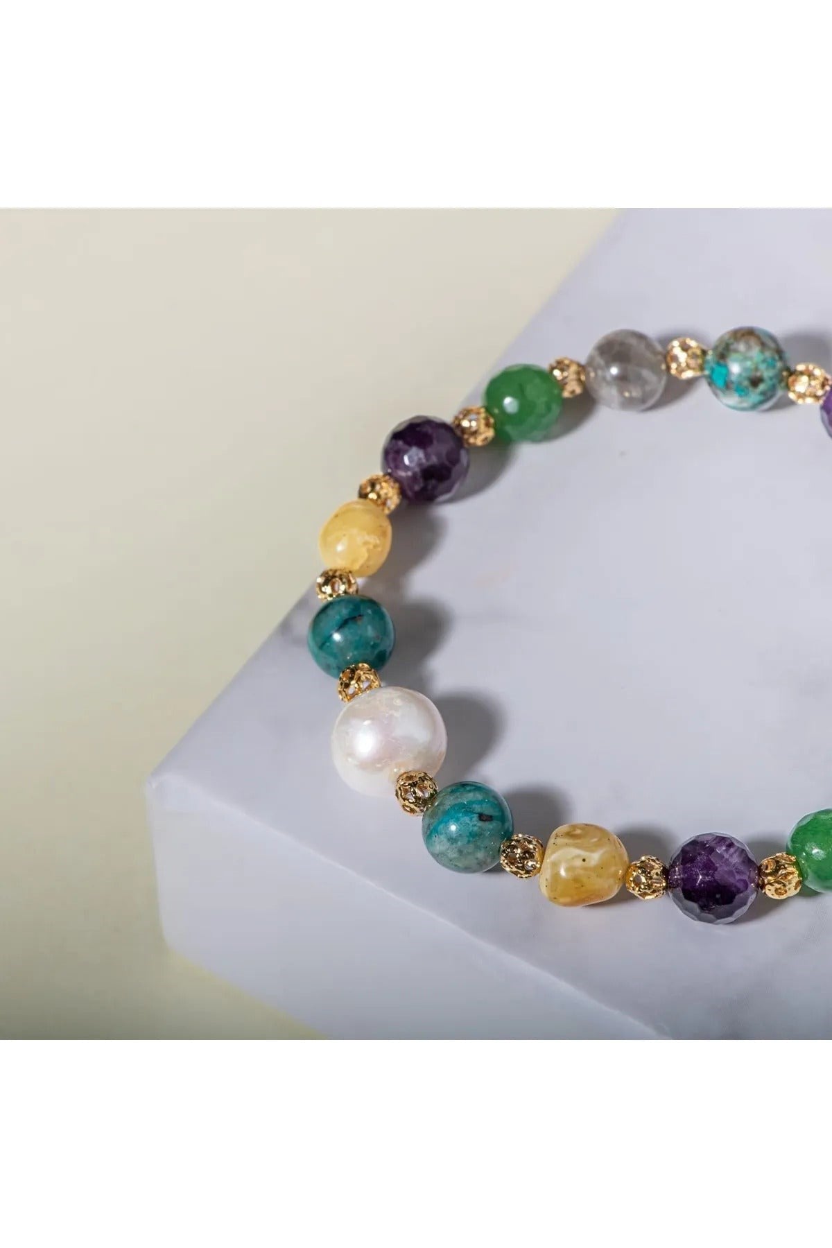 Ametist, Bronzit, İnci, Kehribar, Krizokol, Aventurin ve Labradorit Doğal Taş Bileklik – Unisex Şık Tasarım