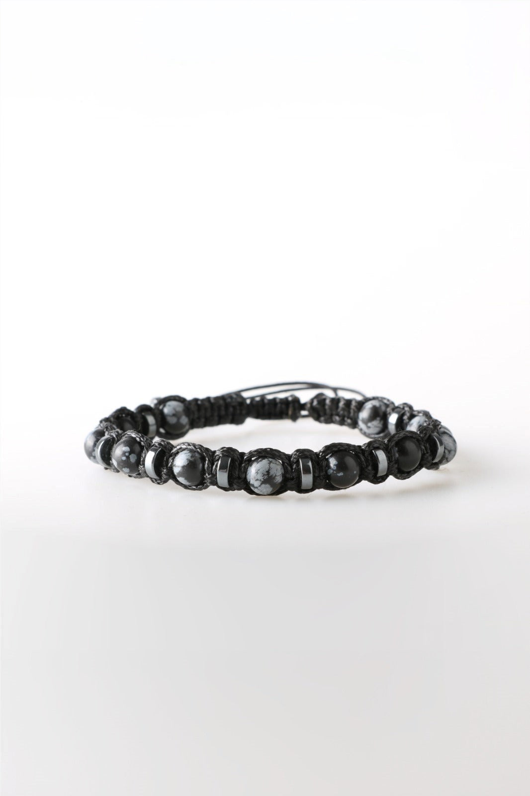 Karlı Obsidyen ve Hematit Doğal Taş Bileklik – İpli, 6 mm Unisex Tasarım