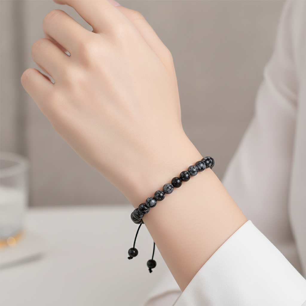 Karlı Obsidyen 6mm Merdiven Kapama Doğal Taş Bileklik