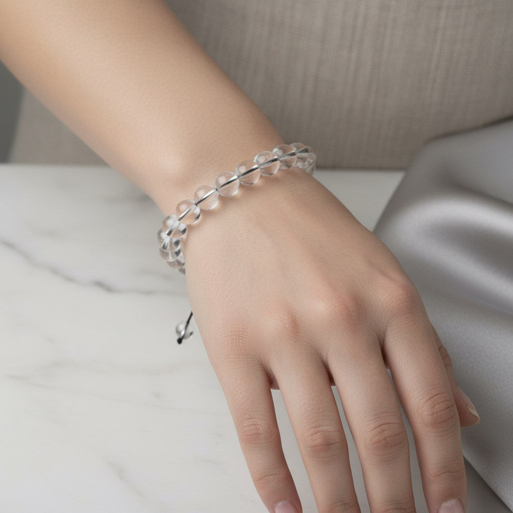 Kristal Kuvars 8 mm Merdiven Kapama Doğal Taş Bileklik – El İşçiliği