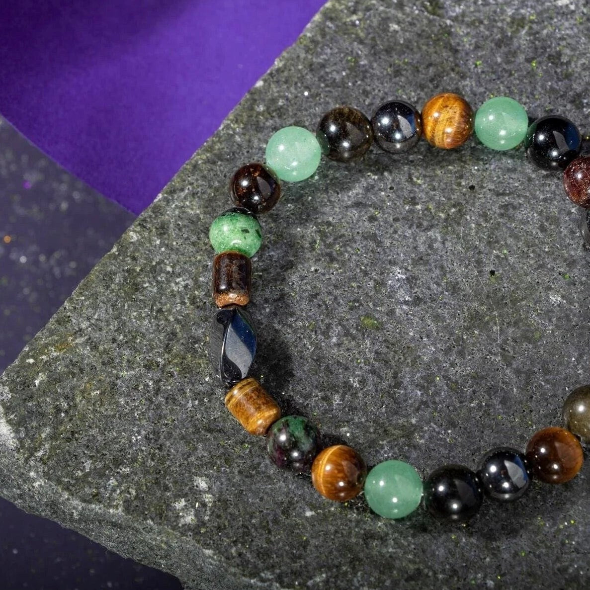 Yengeç Burcu Bileklik Anyolit, Golden Obsidyen, Kaplan Gözü, Yeşil Aventurin, Lal, Hematit