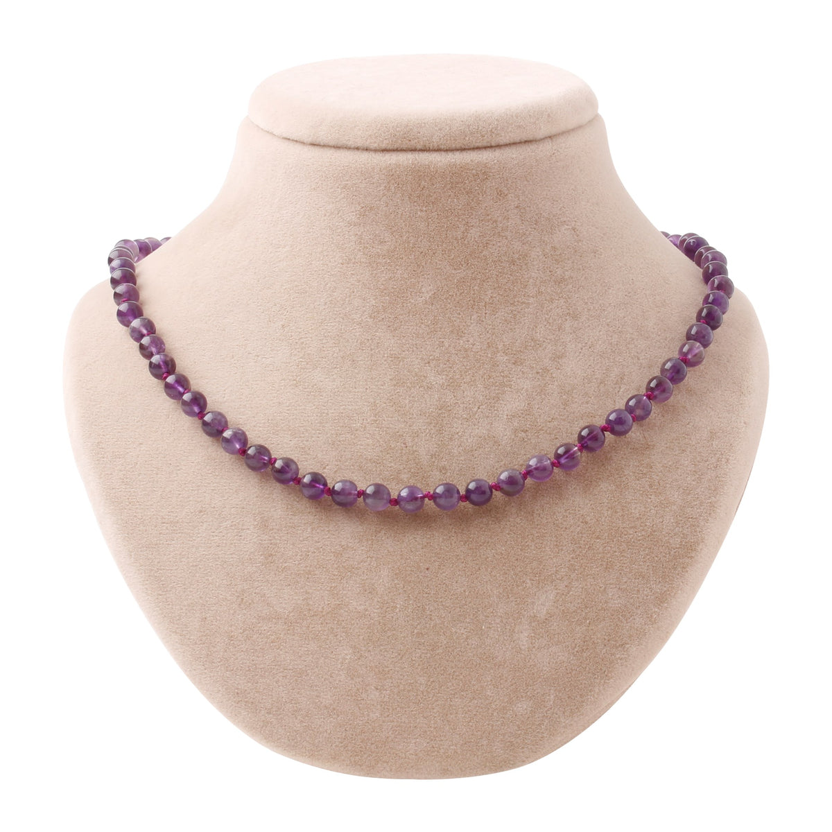 Ametist 6 mm Düğümlü Doğal Taş Kolye – Unisex El İşçiliği (50 cm)