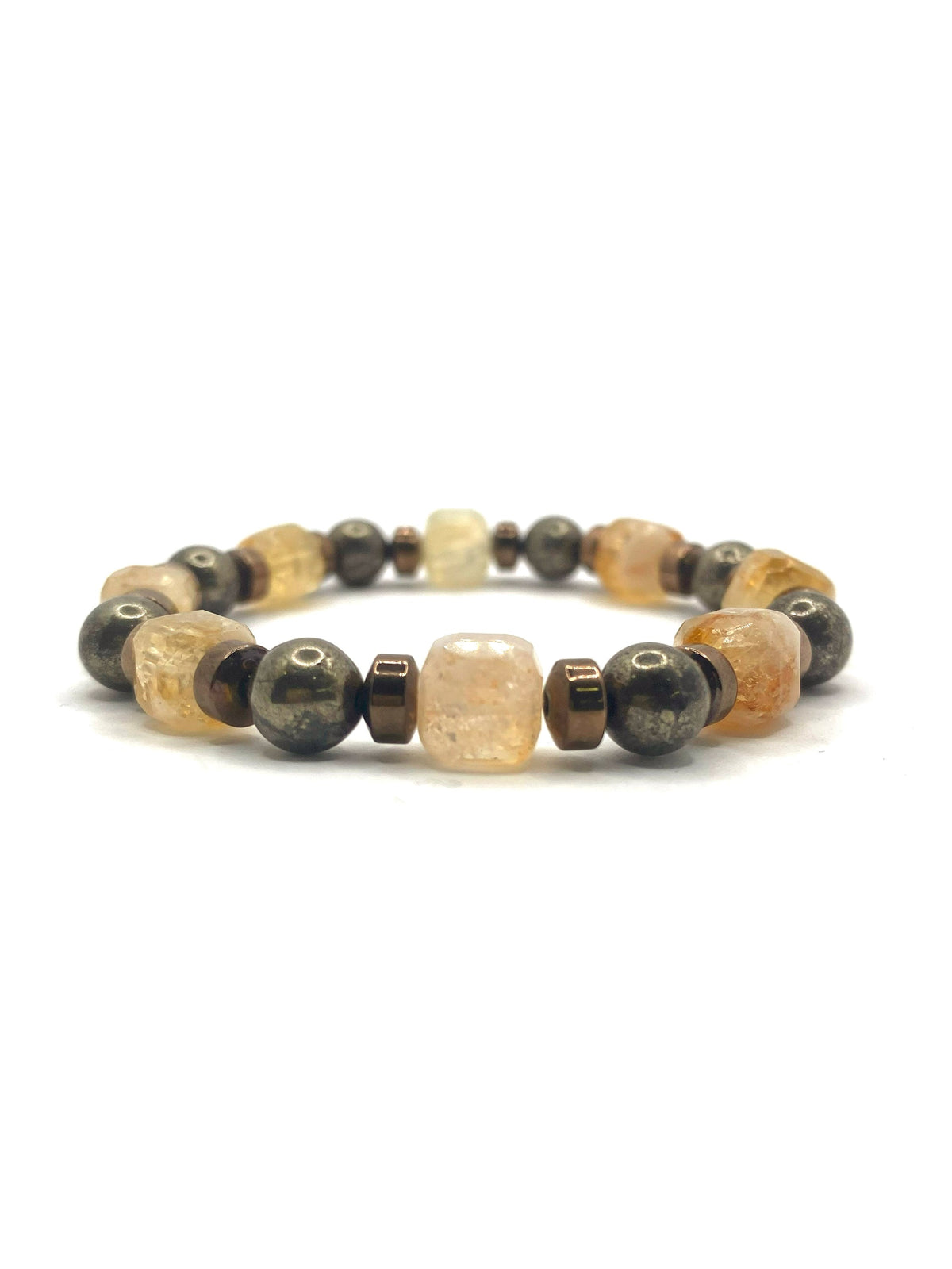 Pirit, Sitrin ve Hematit Doğal Taş Bileklik – 8 mm Misinalı, Unisex Tasarım