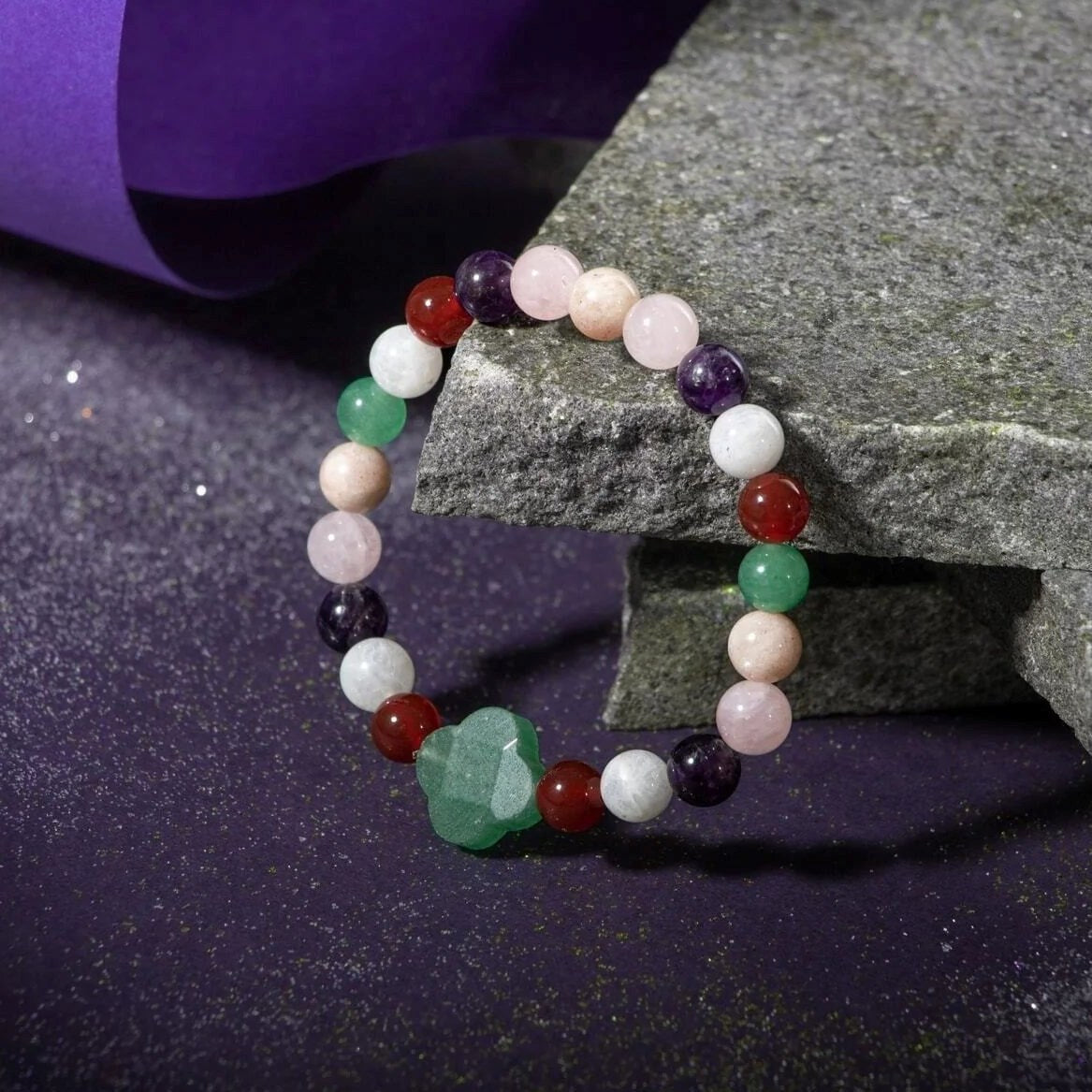 Koç Burcu Bileklik Ametist, Ay Taşı, Güneş Taşı, Kırmızı Akik, Pembe Kuvars, Yeşil Aventurin