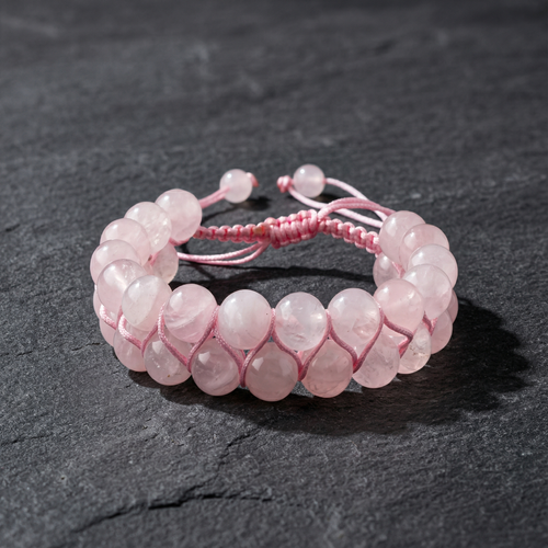 Pembe Kuvars (Gül Kuvars) 8mm Çift Sıra Makrome Doğal Taş Bileklik