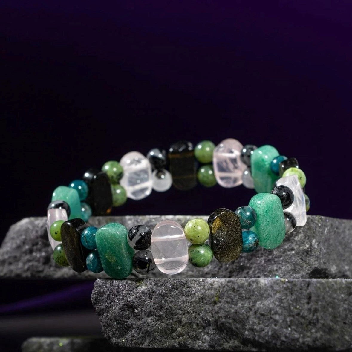 Boğa Burcu Bileklik Golden Obsidyen, Mavi Apatit, Pembe Kuvars, Rutilli Kuvars, Siyah Turmalin, Yeşil Aventurin, Yeşim