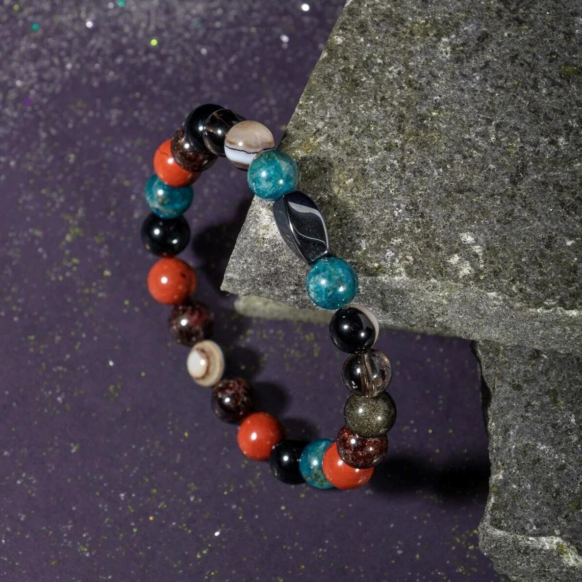 Başak Burcu Bileklik Bordo Granat Lal, Dumanlı Kuvars, Golden Obsidyen, Jasper, Mavi Apatit, Siyah Göz Akik