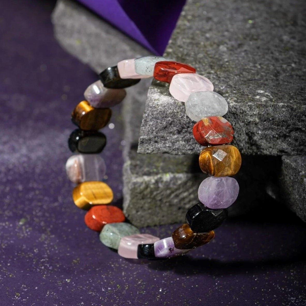 Başak Burcu Bileklik Ametist, Golden Obsidyen, Kaplan Gözü, Labradorit, Pembe Kuvars, Yosunlu Akik