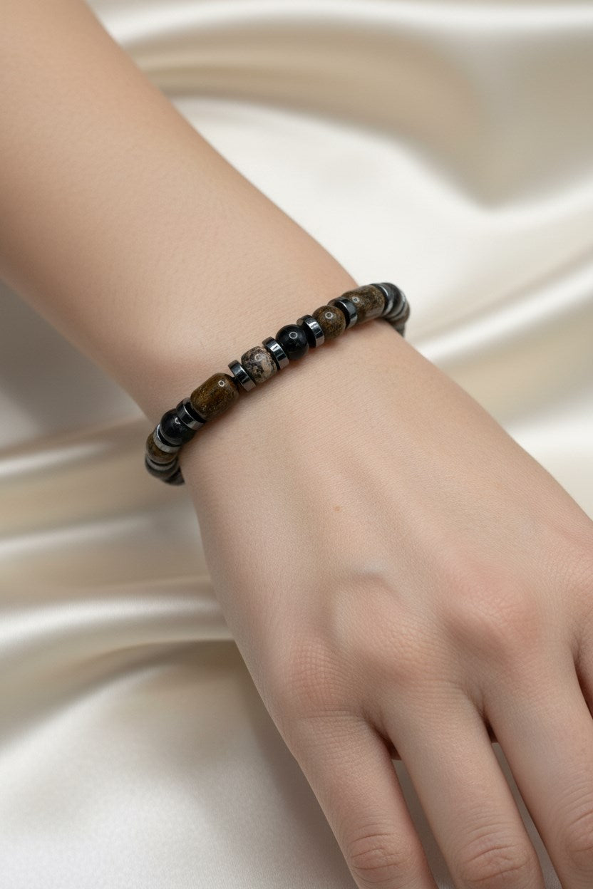 Şungit, Bronzit, Obsidyen, Rodonit ve Hematit Doğal Taş Bileklik – 6 mm Misinalı, Unisex Tasarım
