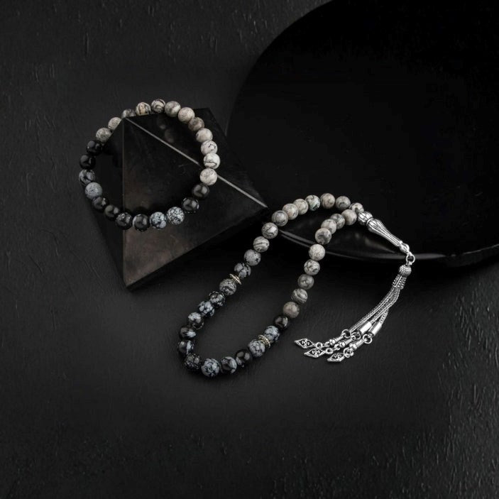 Gri Jasper-Karlı Obsidyen Doğal Taş Tesbih Bileklik Seti