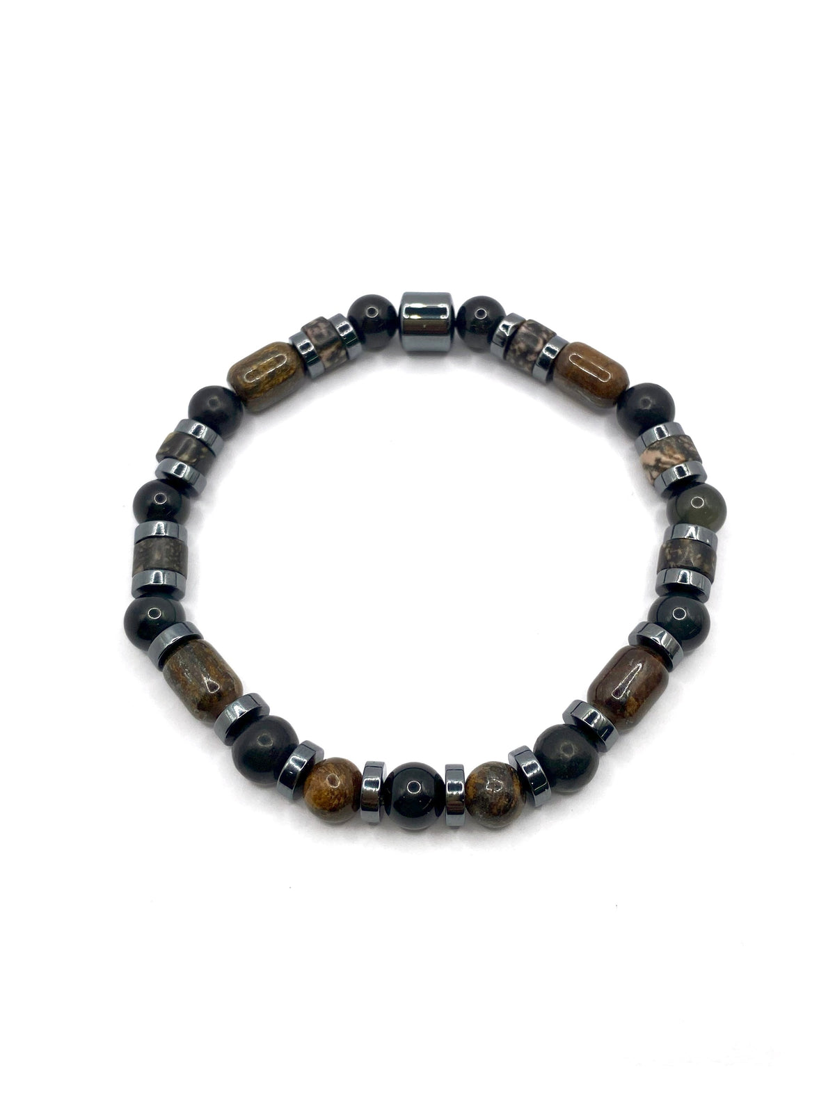 Şungit, Bronzit, Obsidyen, Rodonit ve Hematit Doğal Taş Bileklik – 6 mm Misinalı, Unisex Tasarım