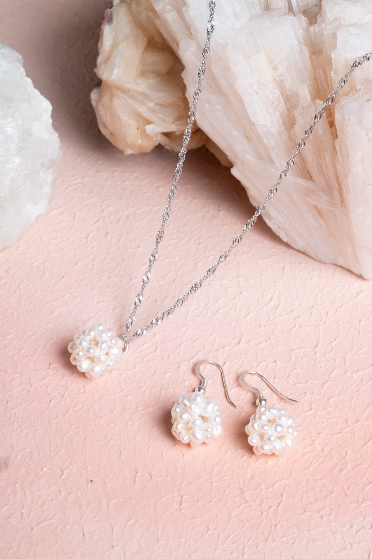 İnci Doğal Taş Kolye Küpe Set