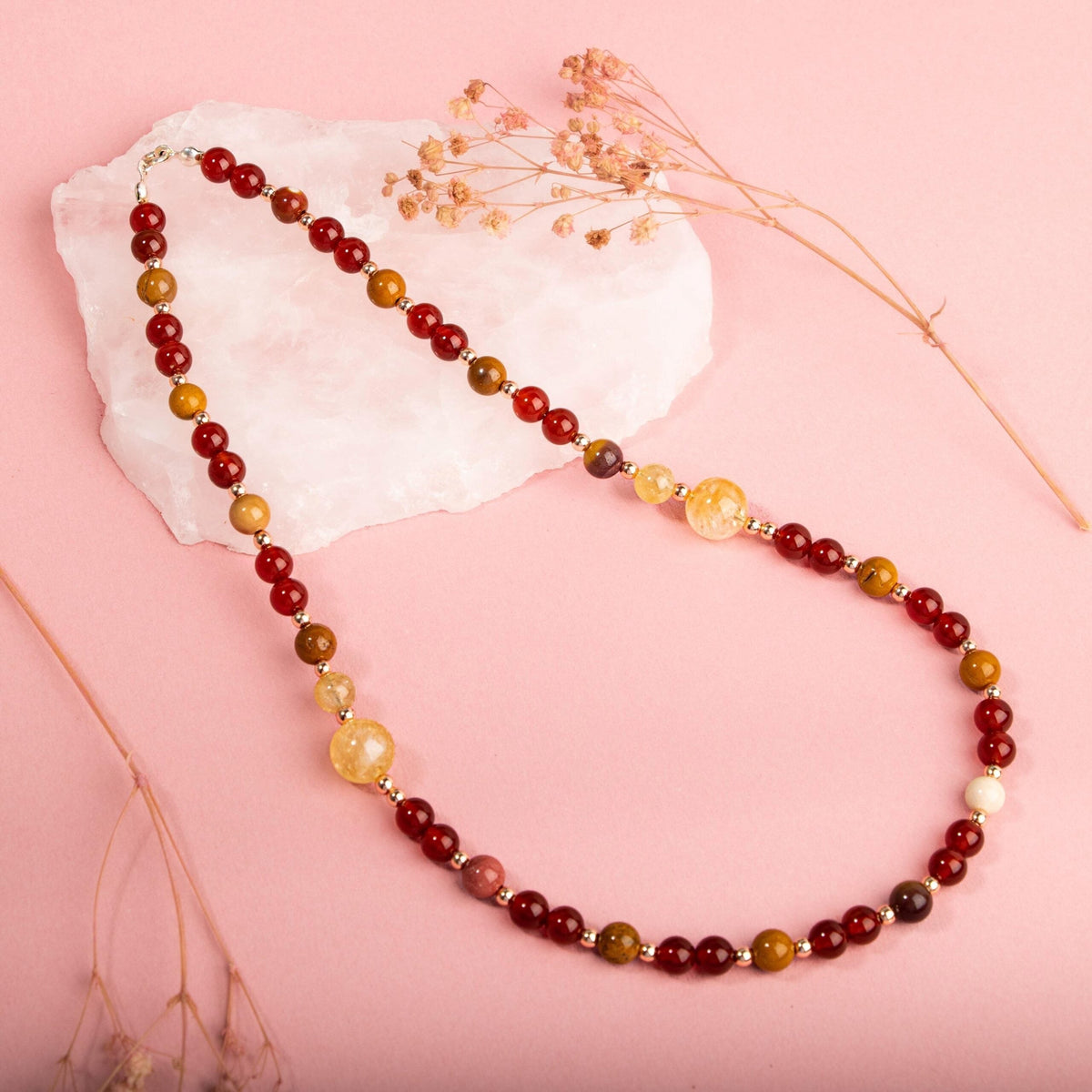 Kırmızı Akik, Sitrin, Jasper & Hematit Doğal Taş 925 Ayar Gümüş Kolye – Özel Tasarım (50 cm)