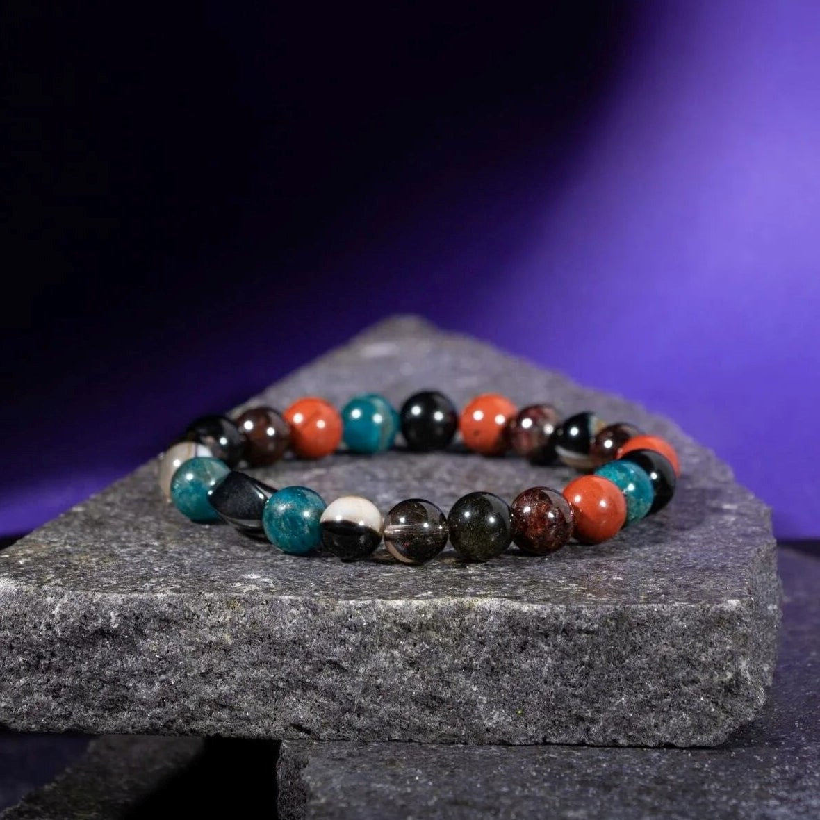 Başak Burcu Bileklik Bordo Granat Lal, Dumanlı Kuvars, Golden Obsidyen, Jasper, Mavi Apatit, Siyah Göz Akik