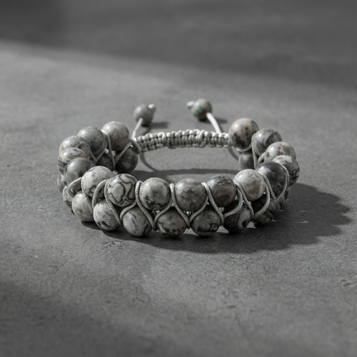 Gri Jasper 8mm Çift Sıra Makrome Doğal Taş Bileklik
