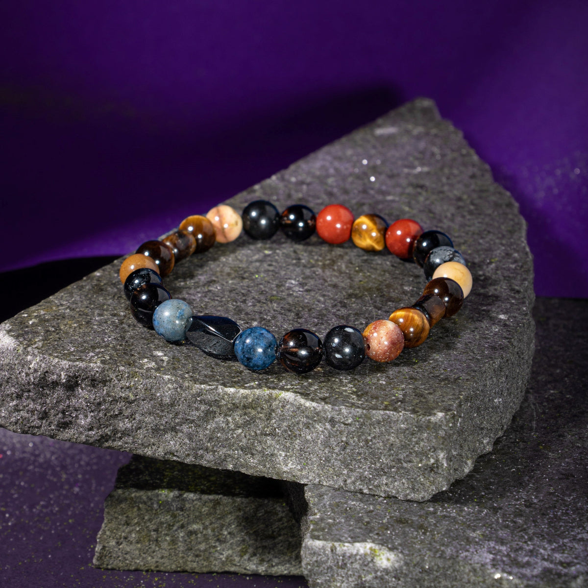Oğlak Burcu Doğal Taş Bileklik – Dumanlı Kuvars, Dumortierit, Golden Obsidyen, Jasper & Kaplan Gözü