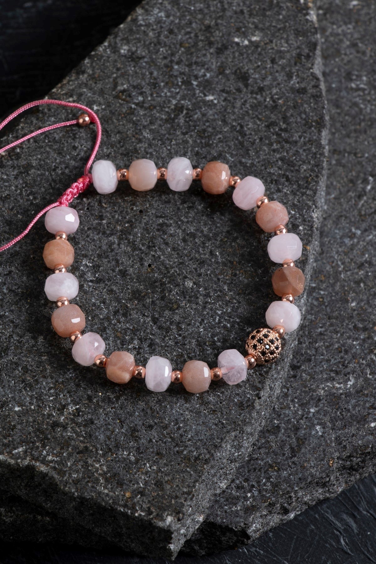 Güneş Taşı ve Pembe Kuvars Doğal Taş Bileklik – Unisex Şık Tasarım