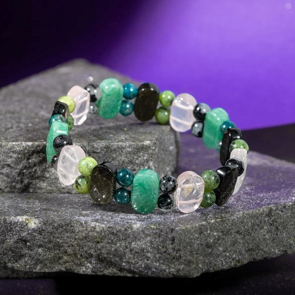 Boğa Burcu Bileklik Golden Obsidyen, Mavi Apatit, Pembe Kuvars, Rutilli Kuvars, Siyah Turmalin, Yeşil Aventurin, Yeşim