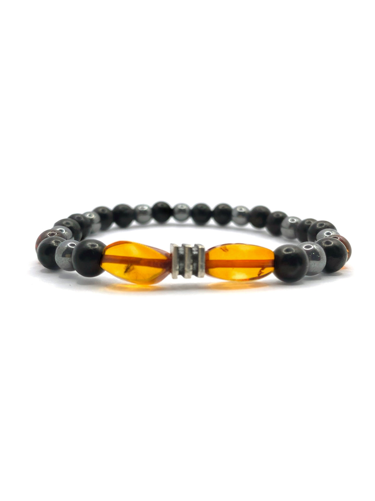 Kehribar, Şungit (Shungite) ve Hematit Doğal Taş Bileklik – 6 mm Misinalı, Unisex Tasarım